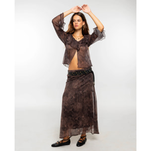 Blusa de manga larga en gasa estampada boho con volantes.