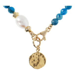 Collana Girocollo con Perla Bianca Apatite Blu e Pendente Martellato