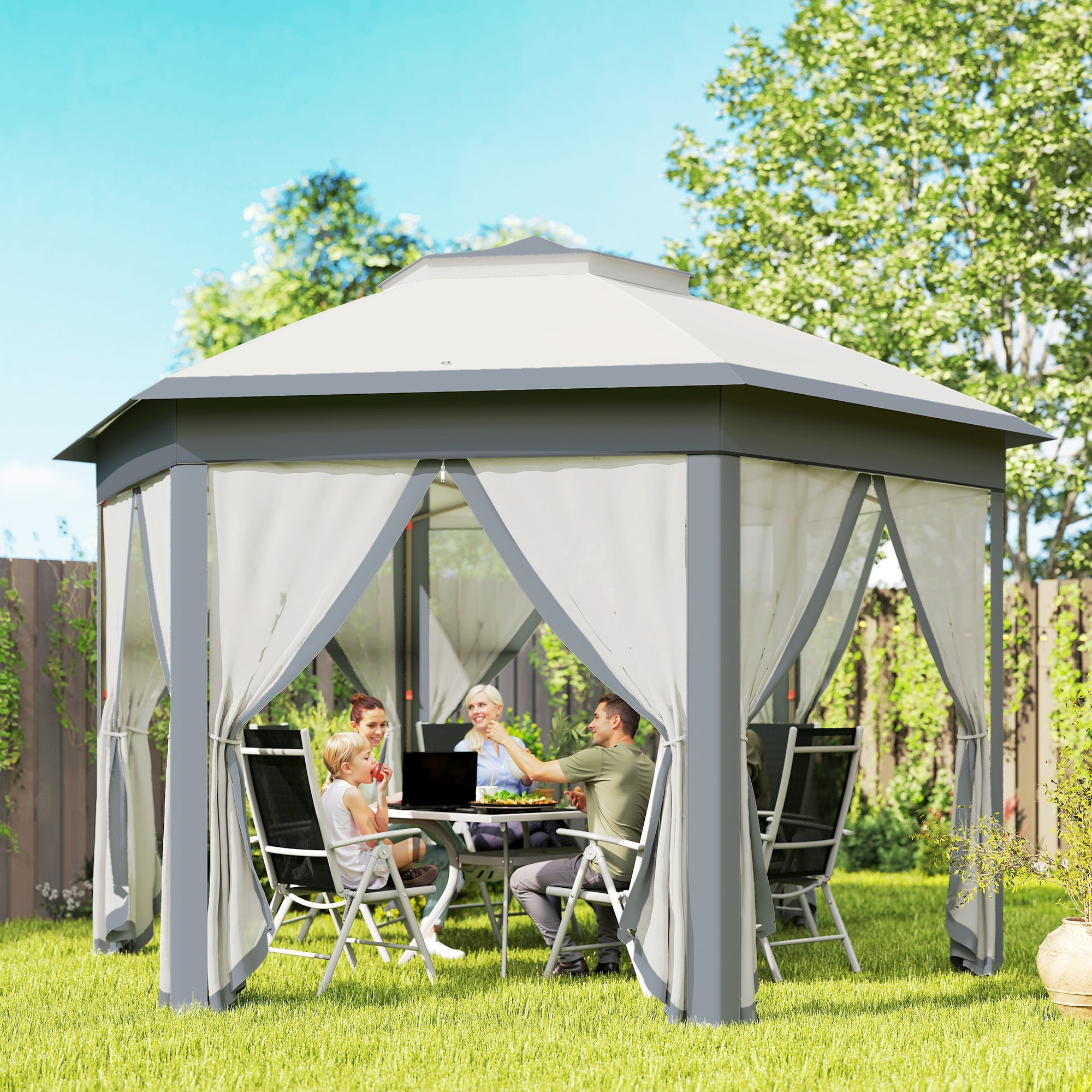 Carpa Plegable 4x3,4 m, Cenador de Jardín Hexagonal con Doble Techo, 6 Mosquiteras Extraíbles y Bolsa de Transporte, Impermeable, Anti-UV para Exterior, Fiestas, Gris