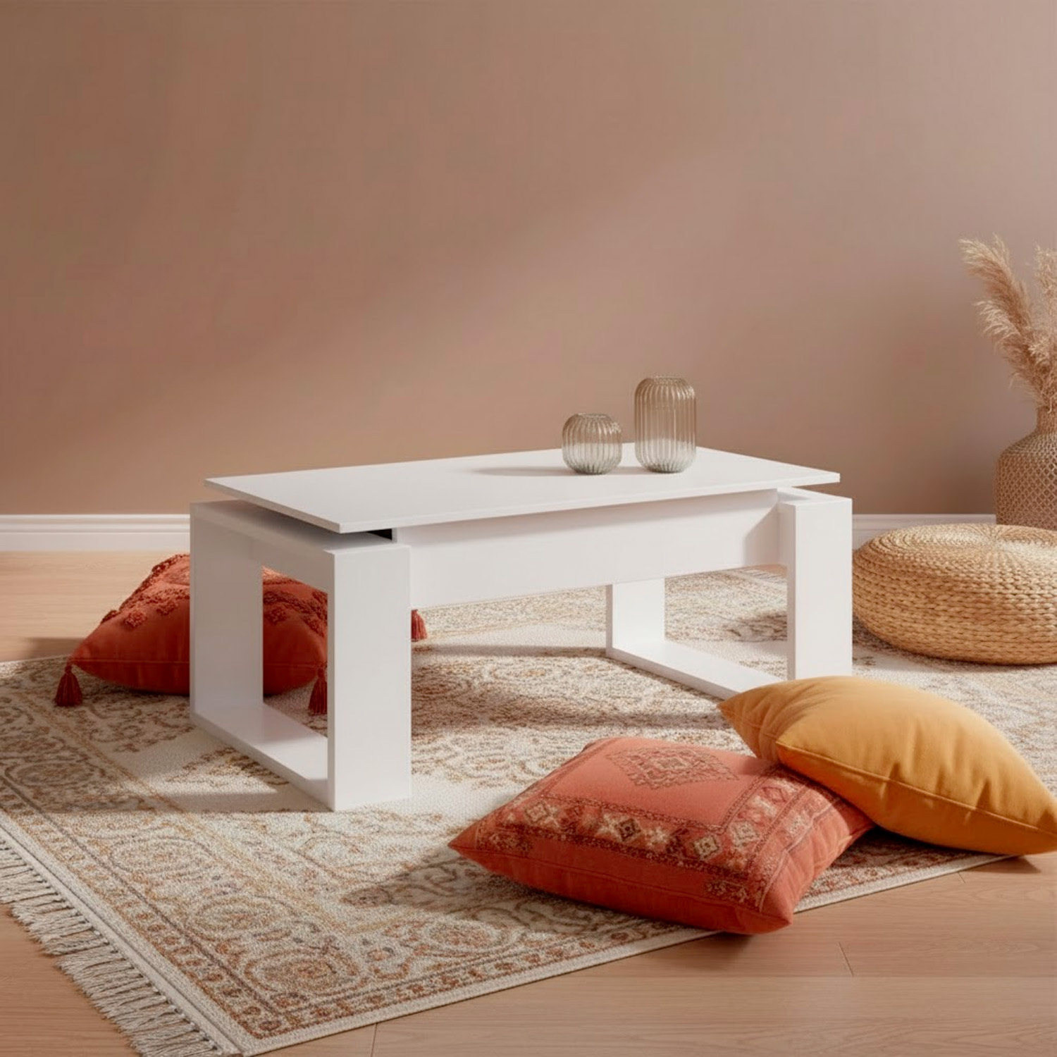 Tavolino Rialzabile Da Caffè Con Piano Sollevabile Tavolo Da Soggiorno Pranzo Moderno Salvaspazio Ideale per Mangiare Lavorare 105 x 55 x 45 cm Bianco