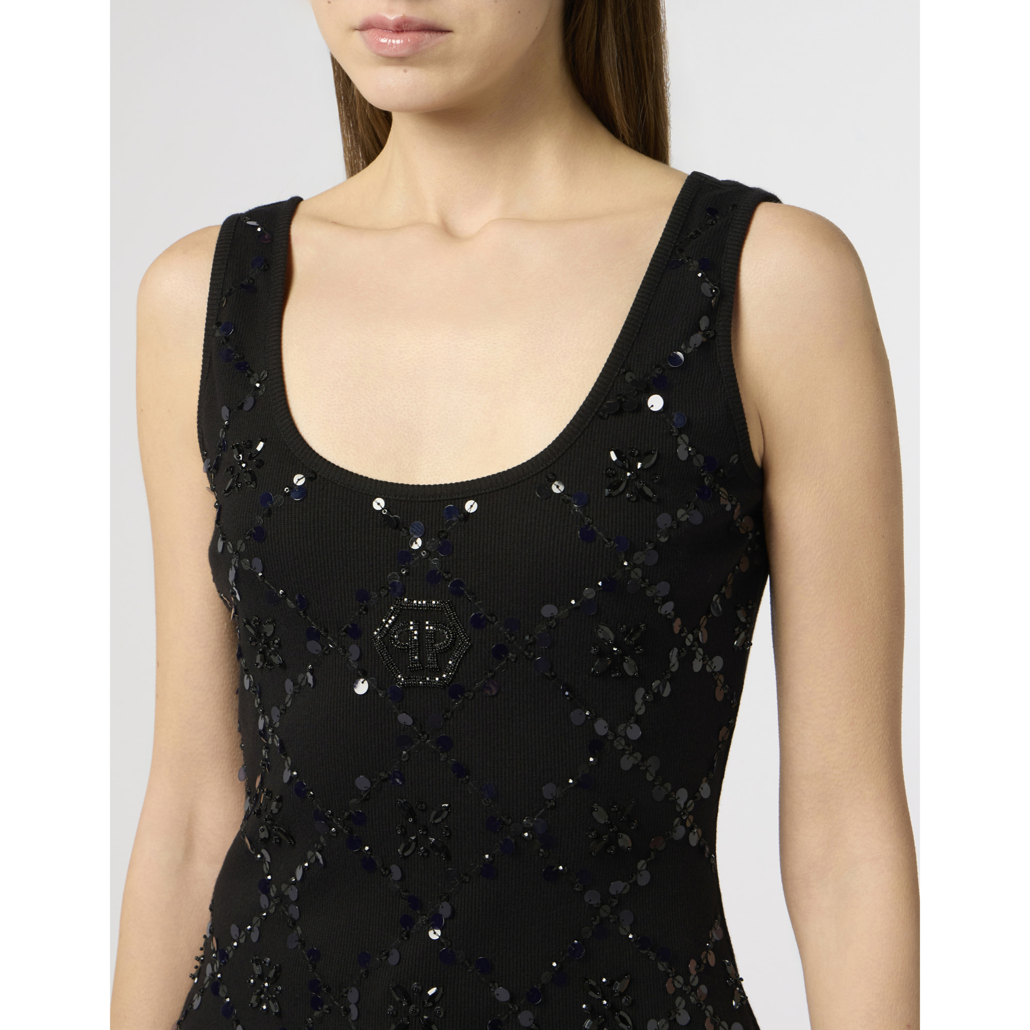 PHILIPP PLEIN Tank Top Rhomb Flower Strass