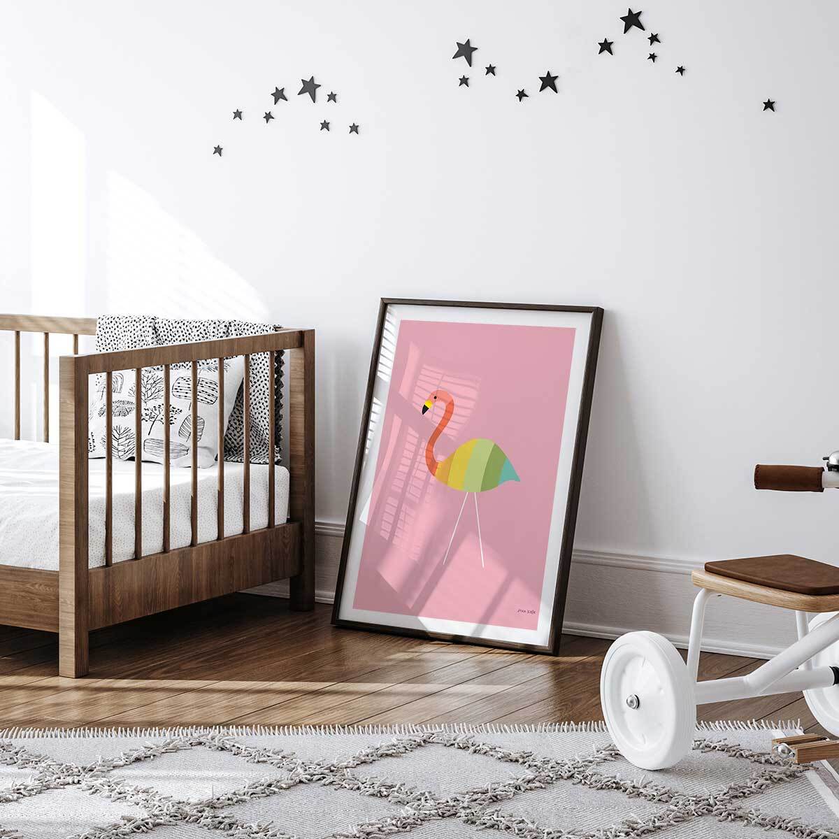 Affiche enfant flamant citron  Affiche sous cadre noir