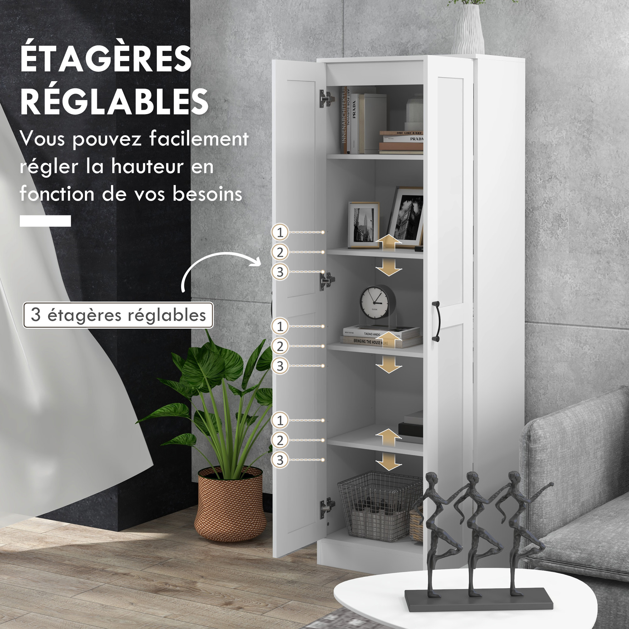 Armoire 2 portes 4 étagères dim. 60L x 36,5l x 175H cm poignées métal noir panneaux blanc