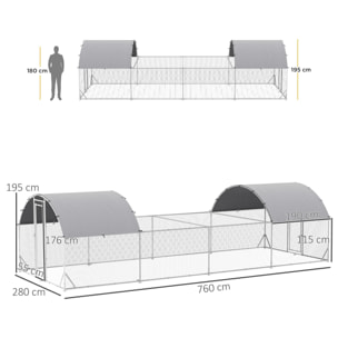 Gallinero Exterior de Acero Galvanizado 7,6x2,8x1,95 m Gallinero Grande con 4 Pisos Techo Cubierta de Tela Corral para 20-24 Gallinas Conejos Aves Plata