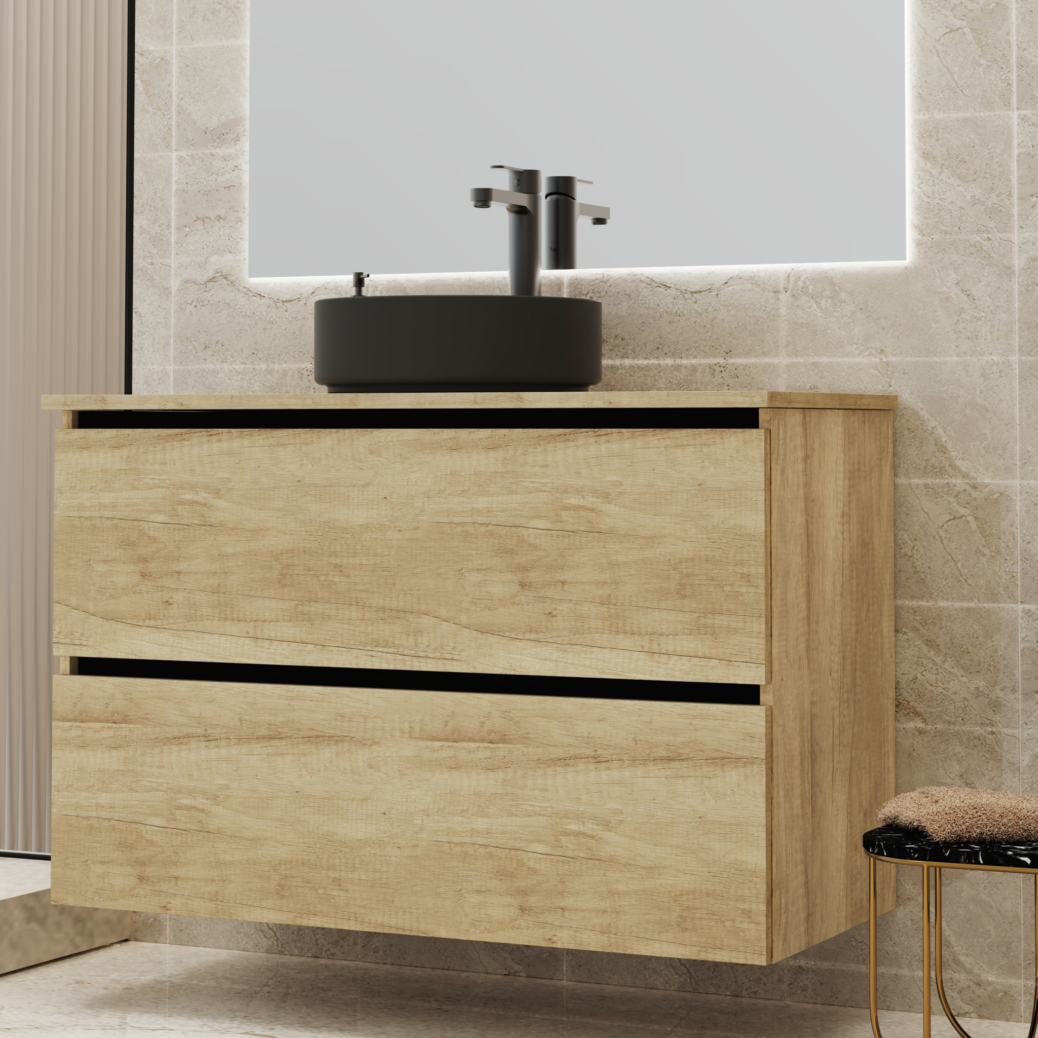 Ensemble de Salle de Bain Gloom | Meuble de Salle de Bain Suspendu | 100 cm Nature | Deux Tiroirs | Lavabo sur Plan | Meuble Monté | Alday