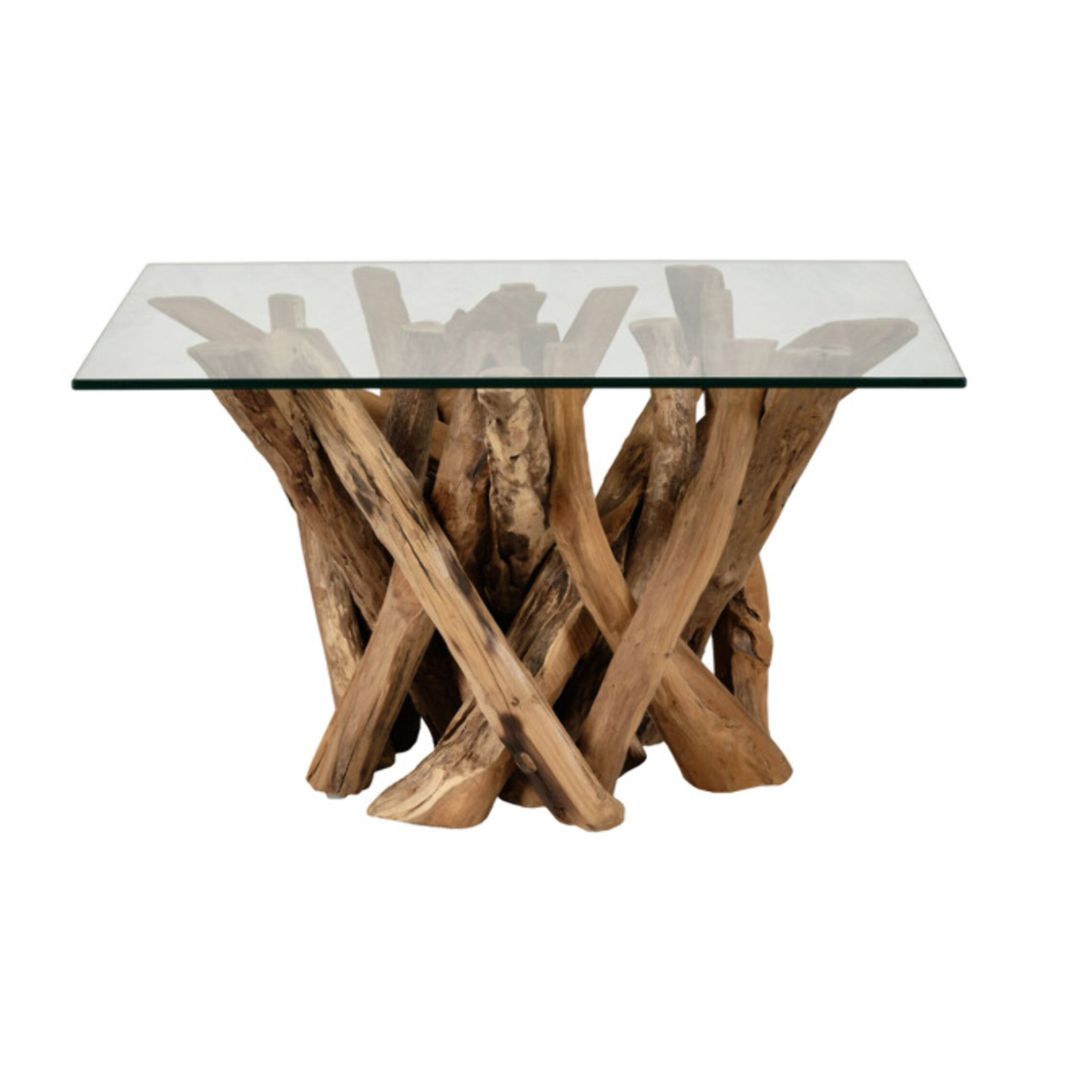 Table basse carrée 80 cm en bois de teck et plateau de verre trempé