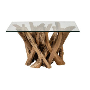 Table basse carrée 80 cm en bois de teck et plateau de verre trempé