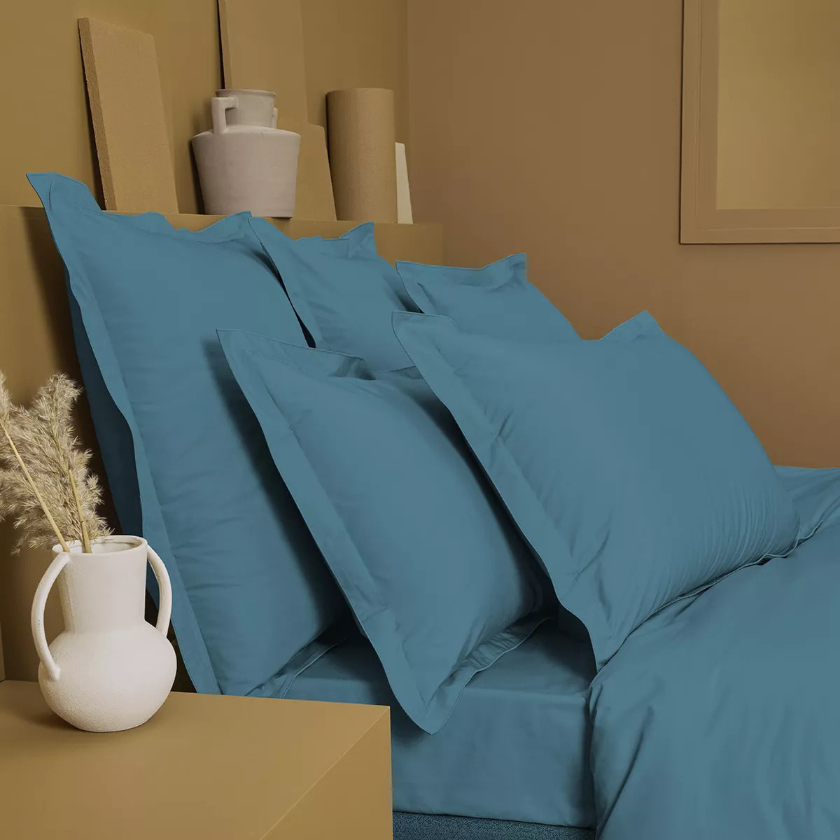 Taie d'oreiller percale de coton uni bleu Olana petrole