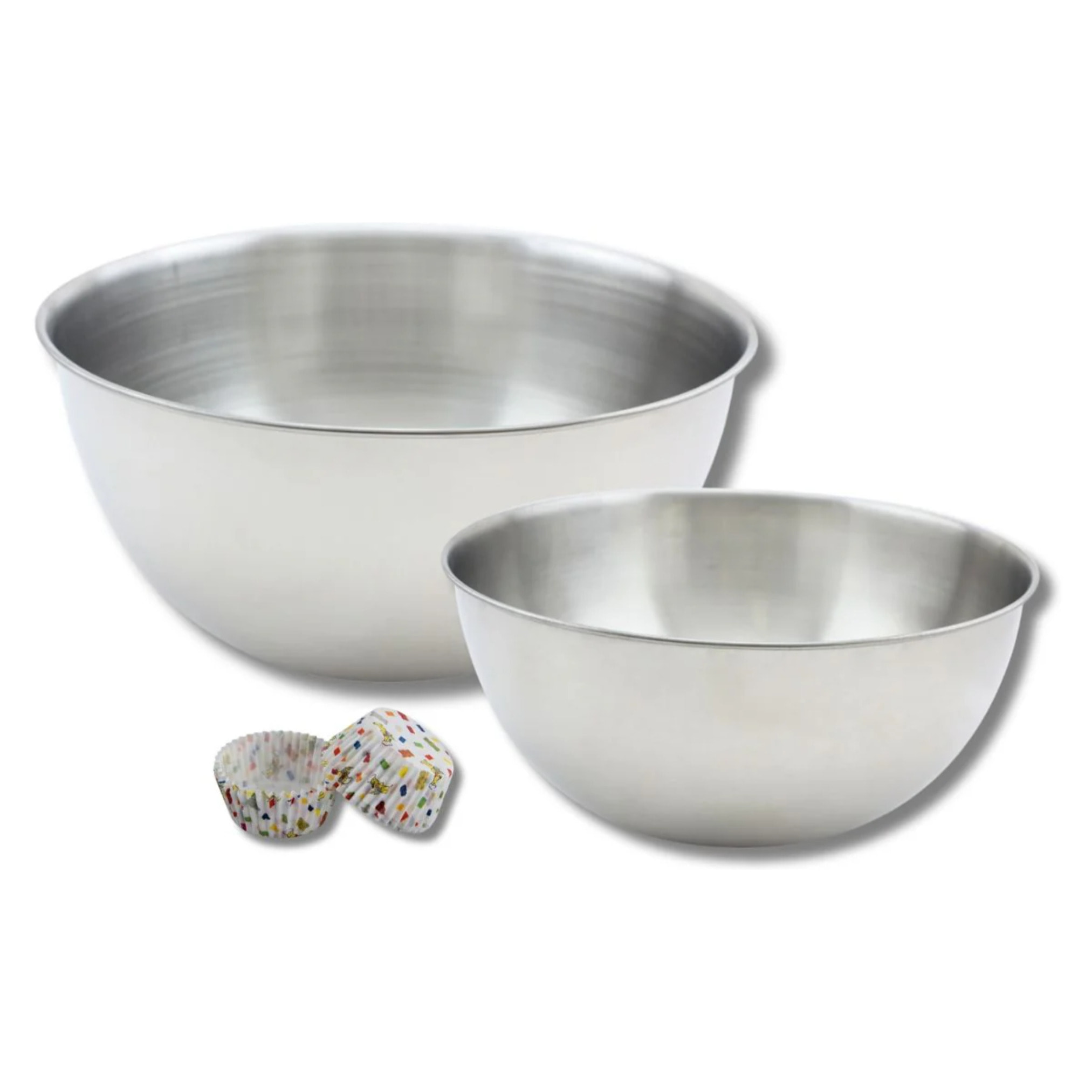 Lot comprenant 50 moules à muffins, 1 spatule Zenker, 2 bols à mixer en inox Fackelmann