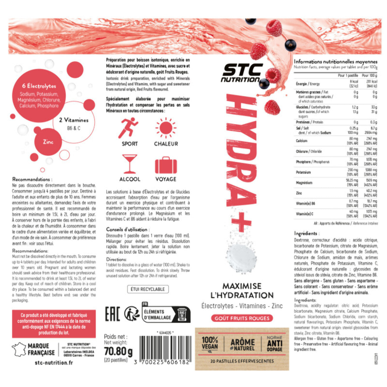 STC NUTRITION - Hydra+ - Préparation pour boisson isotonique à base d'Électrolytes, Vitamines, sucre et édulcorant naturels - Optimise l'hydratation - Fruits Rouges - Lot de 3