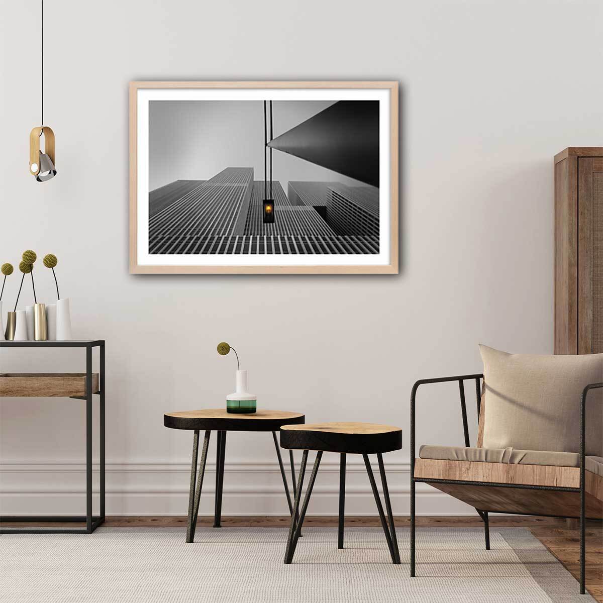 Affiche deco ""ville feu jaune"" Affiche + cadre en bois - Chêne