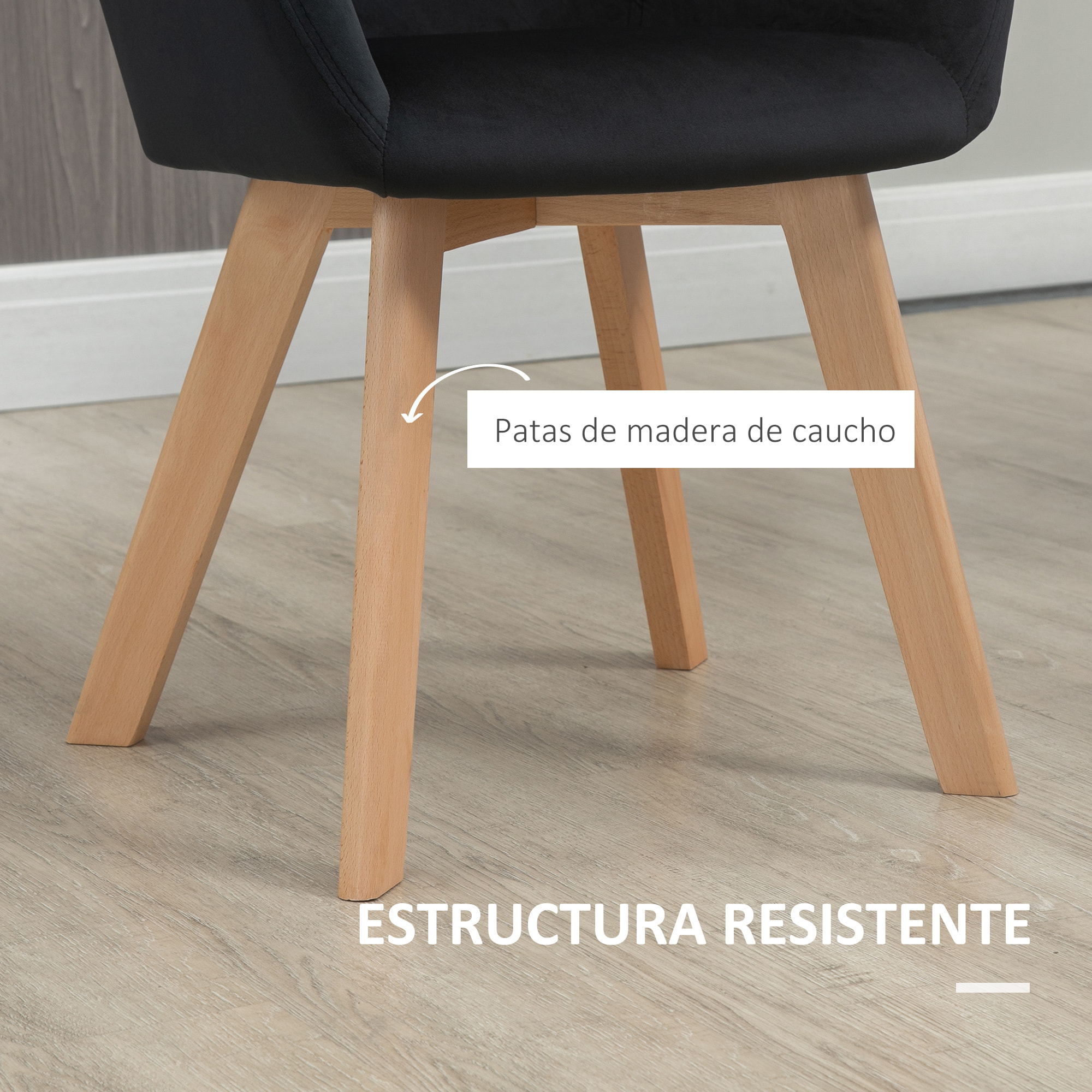 HOMCOM Juego de 2 Sillas de Comedor Modernas Sillas de Cocina Tapizado en Terciopelo con Respaldo Medio y Patas de Madera de Caucho para Salón Carga 120 kg 54x57x80 cm Negro