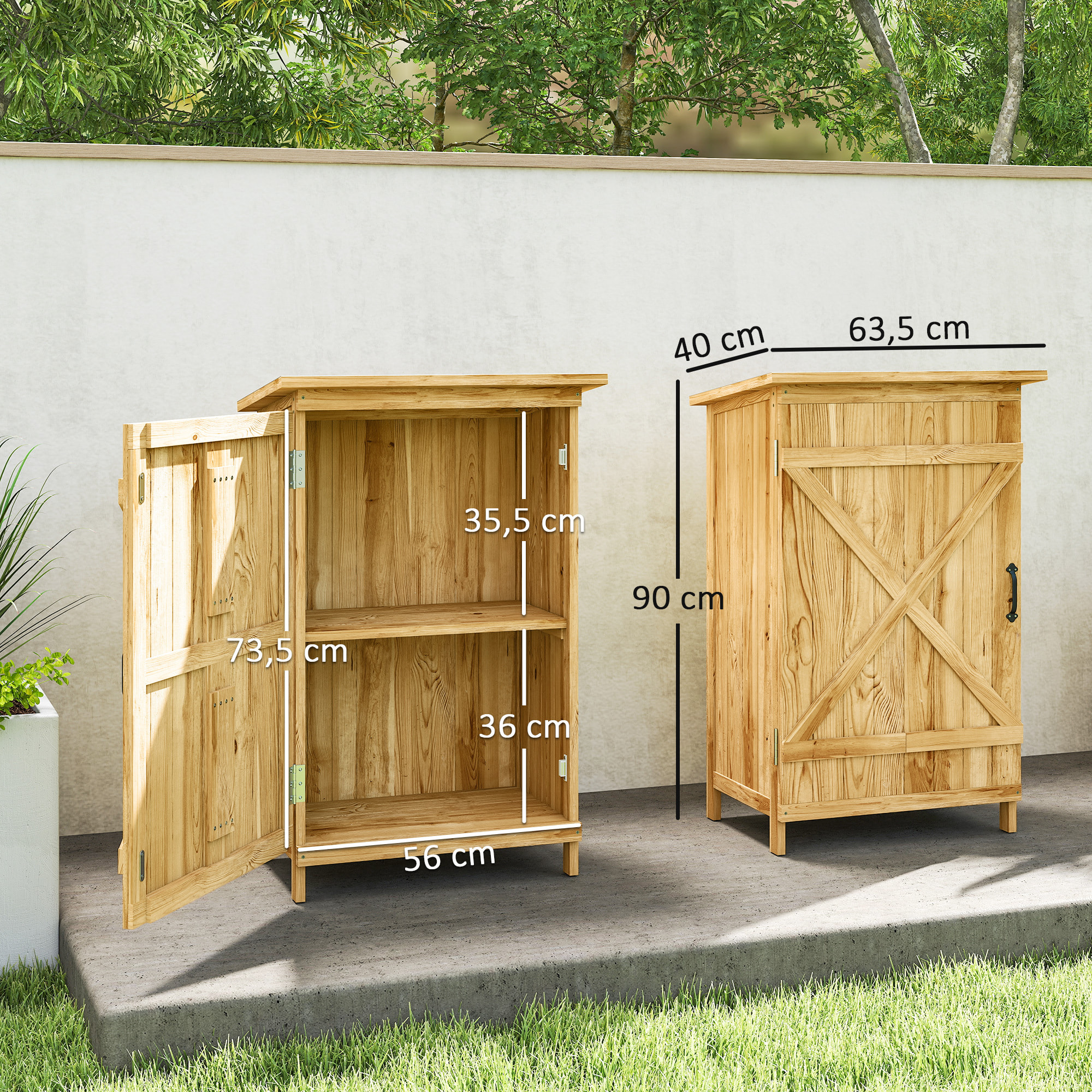 Caseta de Jardín de Madera 63,5x40x90 cm Cobertizo Jardín Exterior Armario para Almacenaje de Herramientas con 2 Estantes Puerta Estilo Granero y Techo de Acero Galvanizado Natural