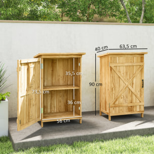 Caseta de Jardín de Madera 63,5x40x90 cm Cobertizo Jardín Exterior Armario para Almacenaje de Herramientas con 2 Estantes Puerta Estilo Granero y Techo de Acero Galvanizado Natural