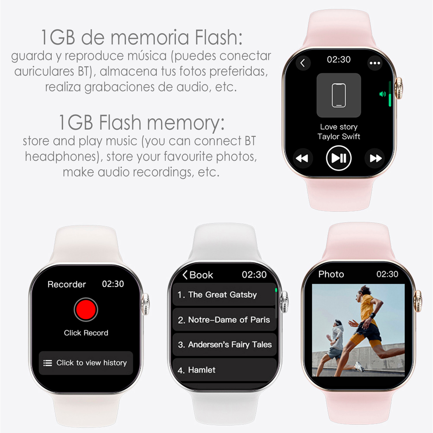 Smartwatch S10P con pantalla de 2,1" de alta resolución, 1GB de memoria interna. Más de 100 modos deportivos y más de 500 diales intercambiables. Traductor de voz, ebooks y juegos de habilidad.