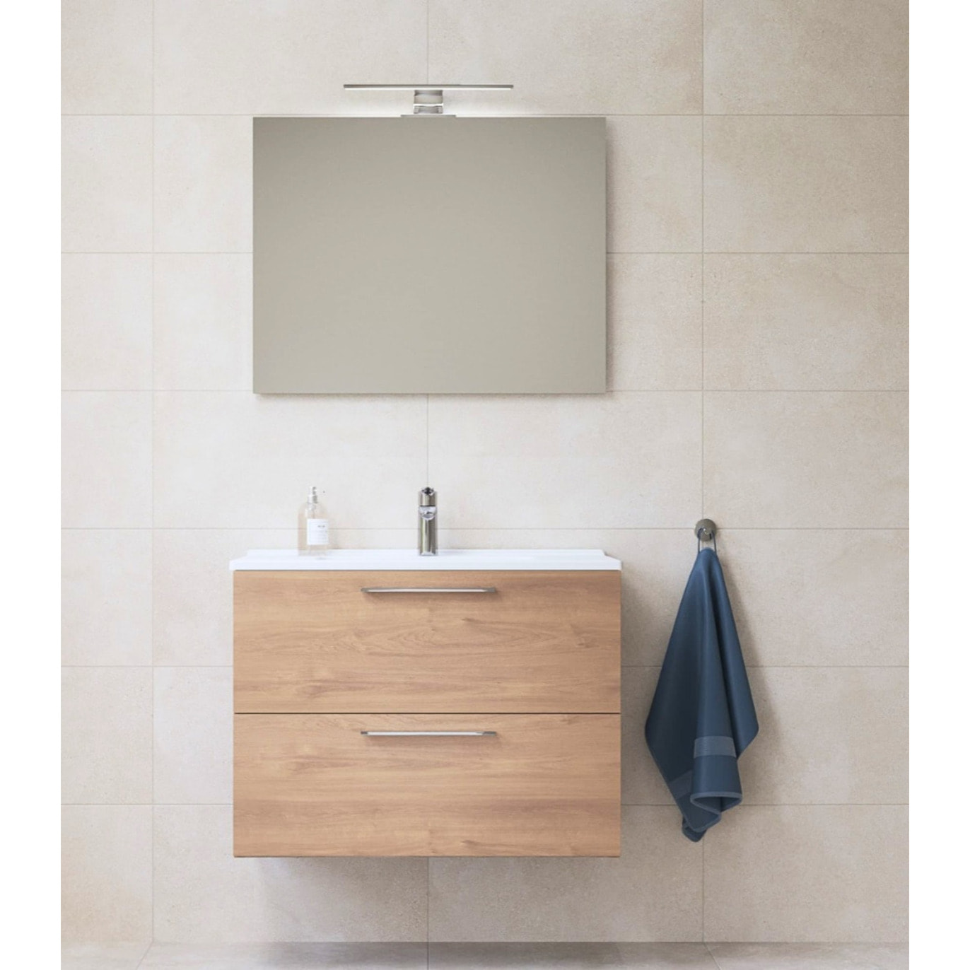 Mia ensemble meuble 79x61x39,5 cm avec miroir, lavabo et éclairage LED, Chêne (MIASET80D)