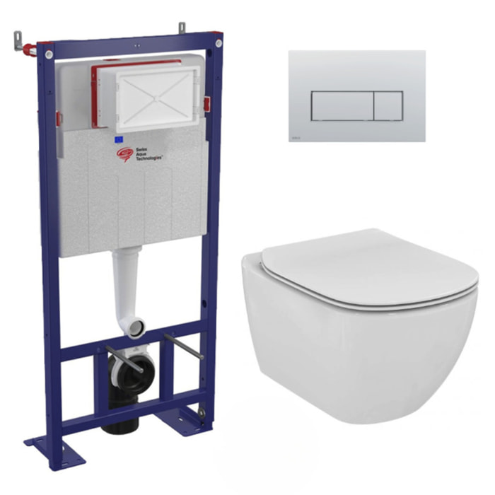 Pack WC Bâti autoportant + WC Ideal Standard Tesi Aquablade sans bride + Plaque Chrome mat (SMART-Tesi-572)