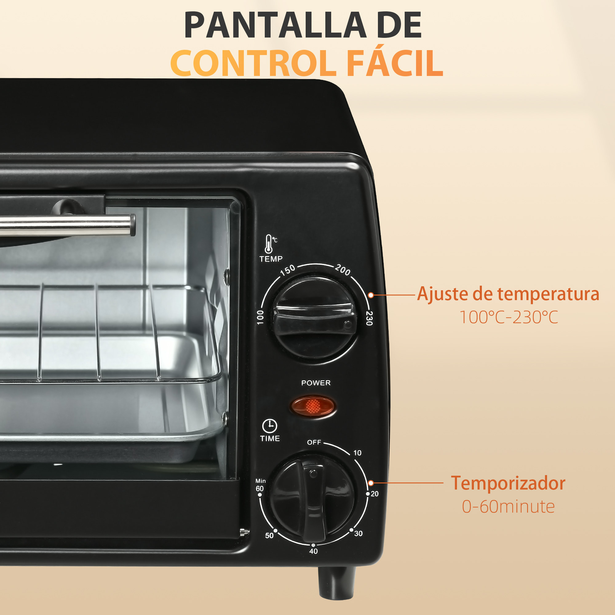 Horno Eléctrico Sobremesa 10 Litros 750W Horno Eléctrico Pequeño con Temperatura hasta 230 ℃ Temporizador 60 Minutos Bandeja y Rejilla 36,5x26x22 cm Negro