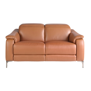 Sofá relax de 2 plazas tapizado en piel de origen vacuno en marrón con reposacabezas patas de acero inoxidable cromado oscuro 2 sistemas de relax eléctrico 154x108x77cm