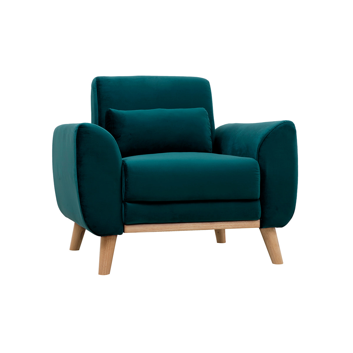 Fauteuil scandinave en tissu velours bleu pétrole et bois clair EKTOR