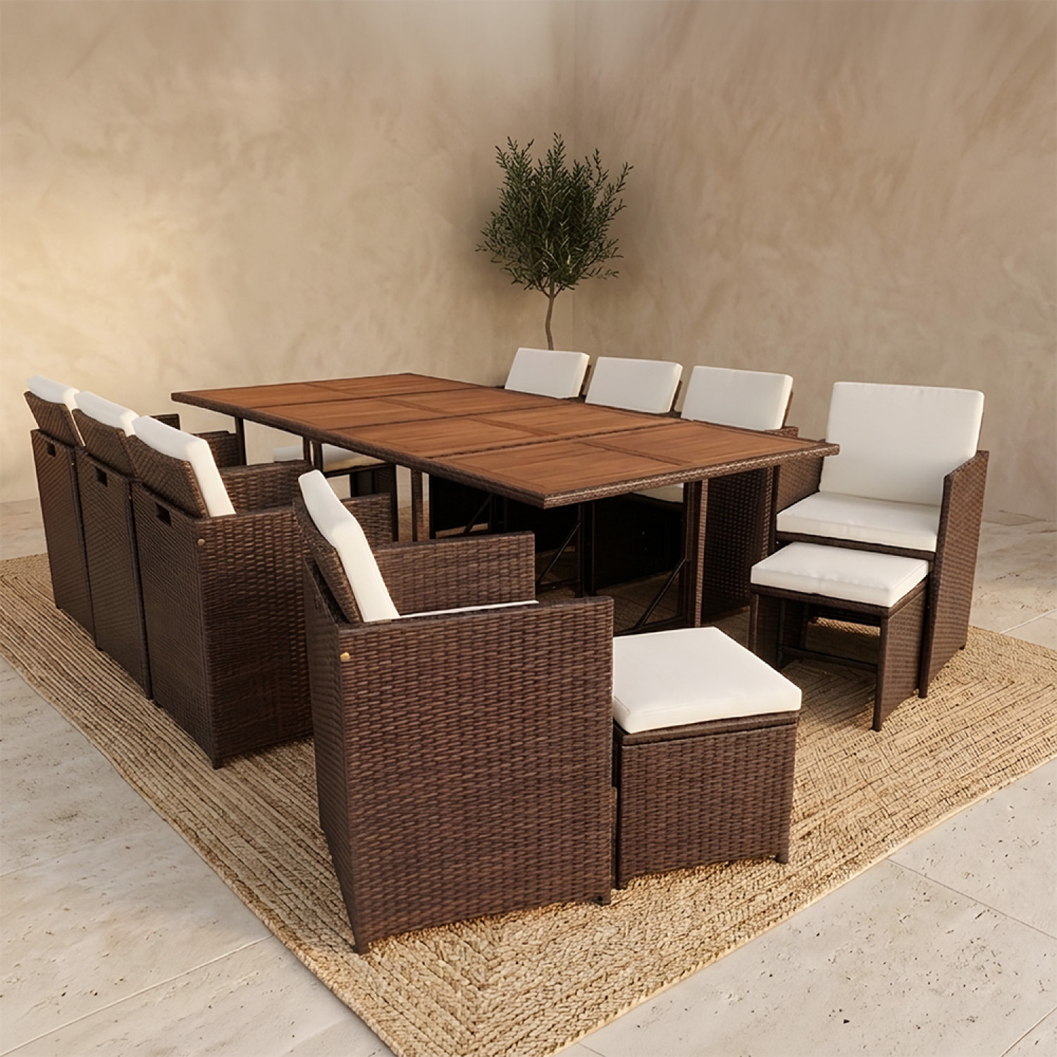 Salon de jardin 12 pl en résine marron et coussins beige + housse CASCO