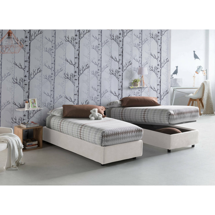 Letto singolo Aribal, Letto contenitore con rivestimento in tessuto, 100% Made in Italy, Apertura frontale, con materasso Cm 90x200 incluso, Bianco