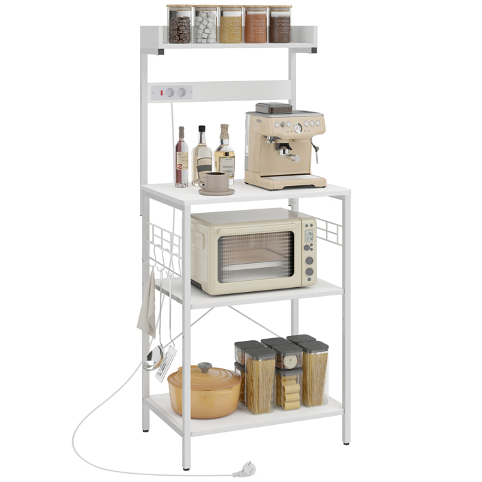 Estantería de Cocina con 2 Tomacorrientes, Estantería de Panadería Industrial con Estación de Café, Estante para Microondas, Estante Ajustable, Ganchos, 60x42x137 cm, Blanco