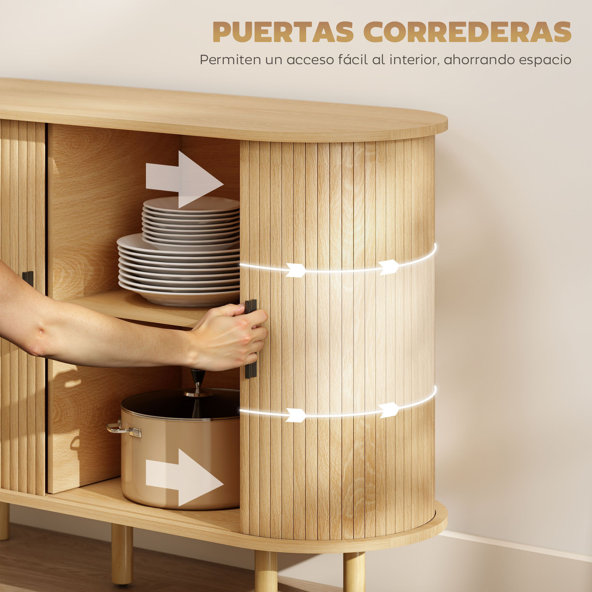 Aparador con Puertas Tambour Deslizantes, Aparador para Salón Moderno, con 4 Compartimentos y Patas de Madera, para Cocina, Entrada, Dormitorio, Roble, 120x40x78 cm