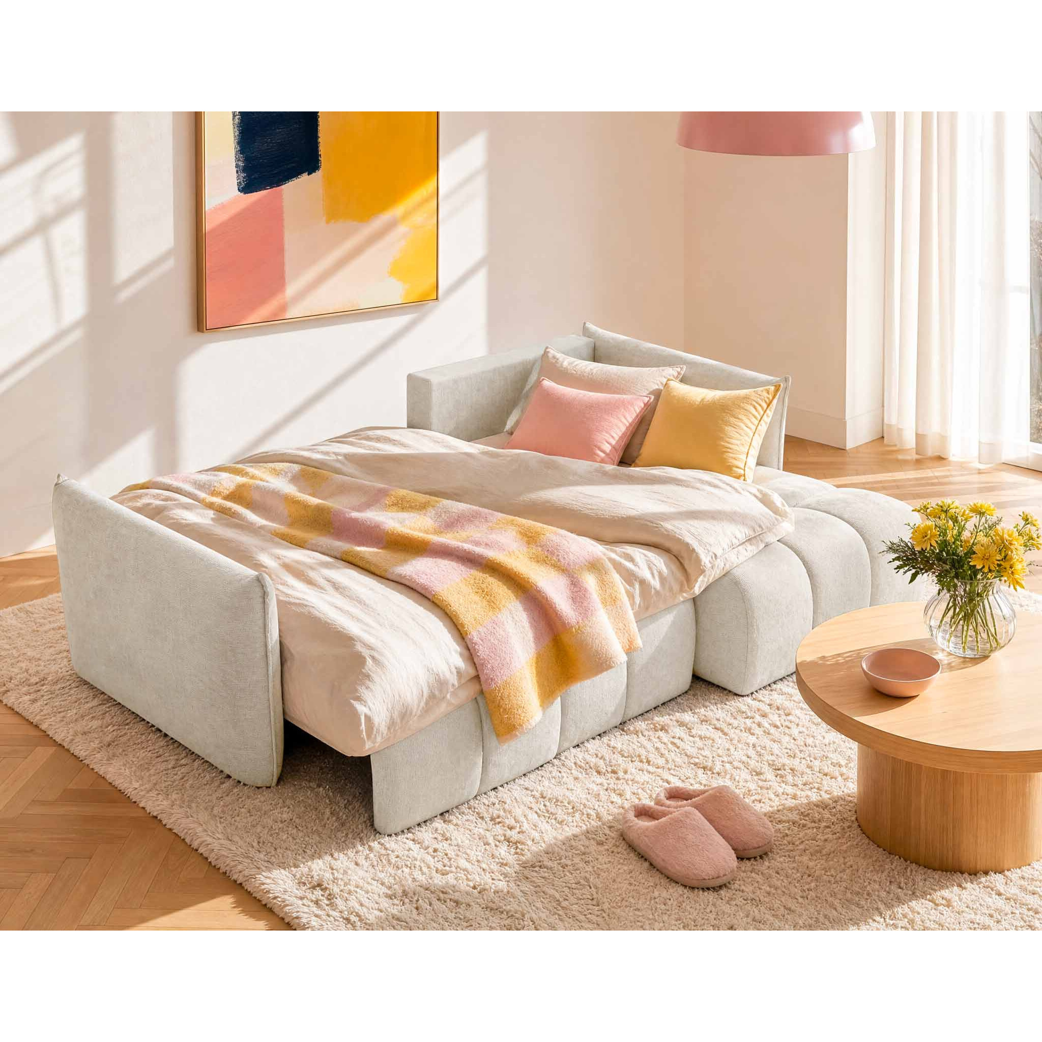 Ambroise - Canapé d'angle droit 4 places convertible avec coffre en velours texturé - Beige
