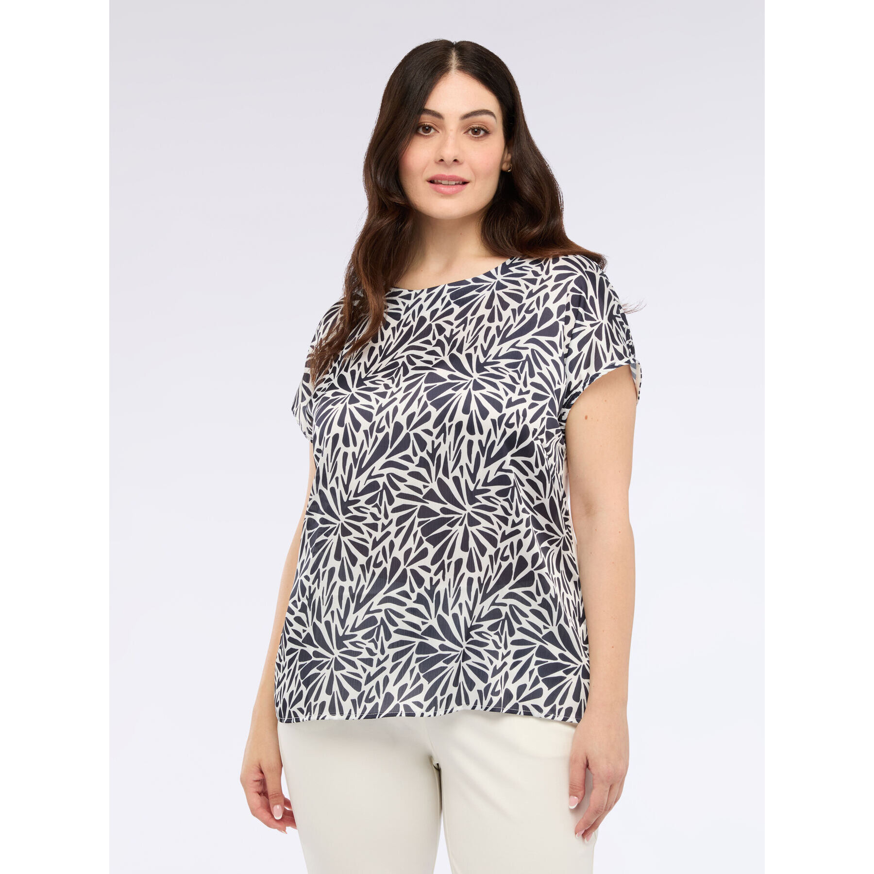 Fiorella Rubino - T-shirt bimaterica con stampa floliage - Blu