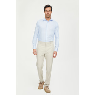 Camicia Uomo 1 Bottone Francese Slim Cotone Riga Stretta Celeste/Bianco