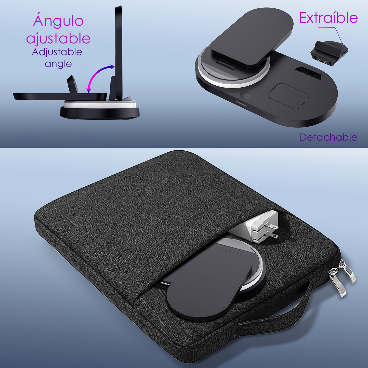 Base di ricarica wireless pieghevole 3 in 1. Base Qi da 15 W a doppia posizione, caricabatterie per Apple Watch e base Qi. Con luce notturna. Funzione supporto.