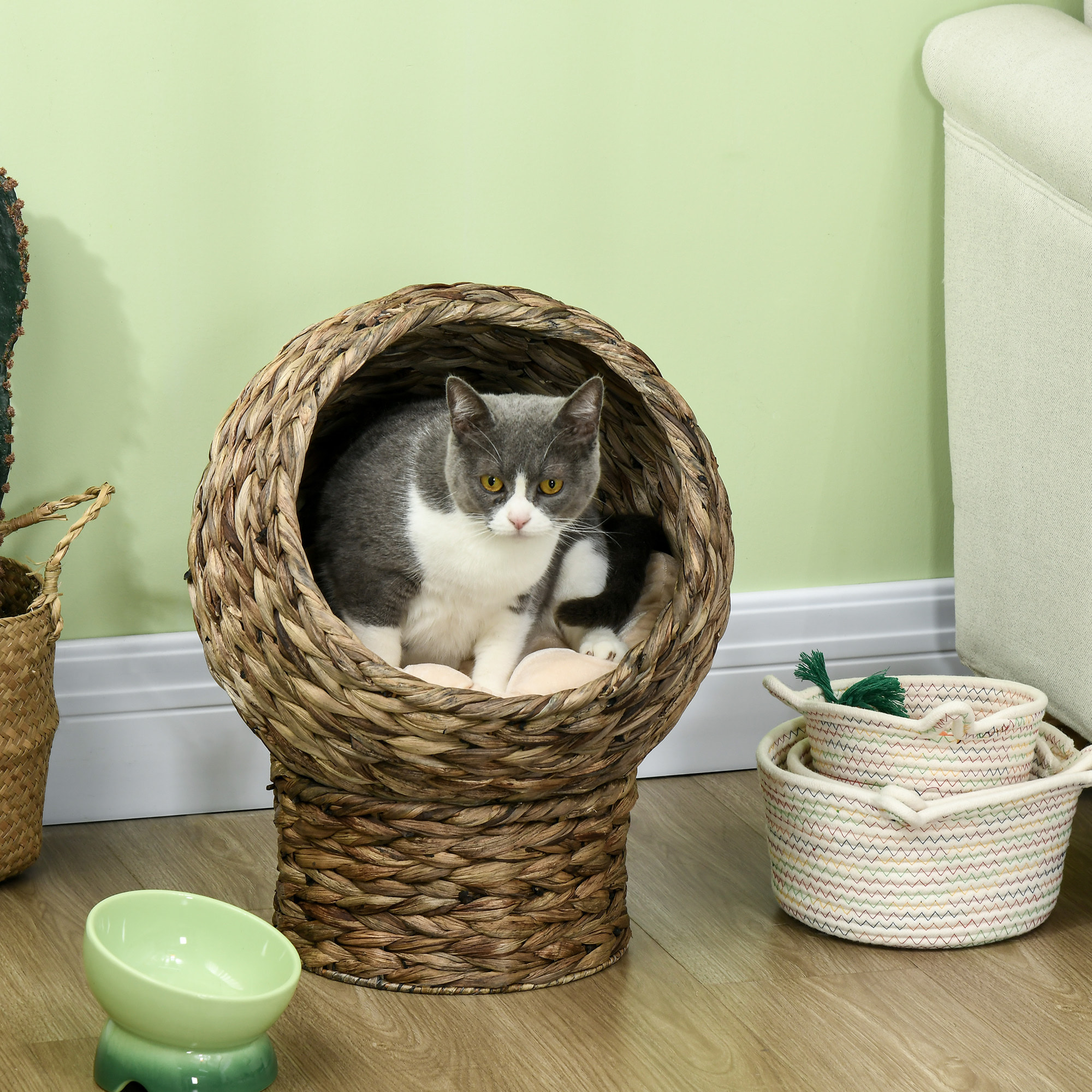 Cama para Gatos de Mimbre Cueva para Gatos Desmontable con Cojín Extraíble 42x33x52 cm Marrón Oscuro y Beige