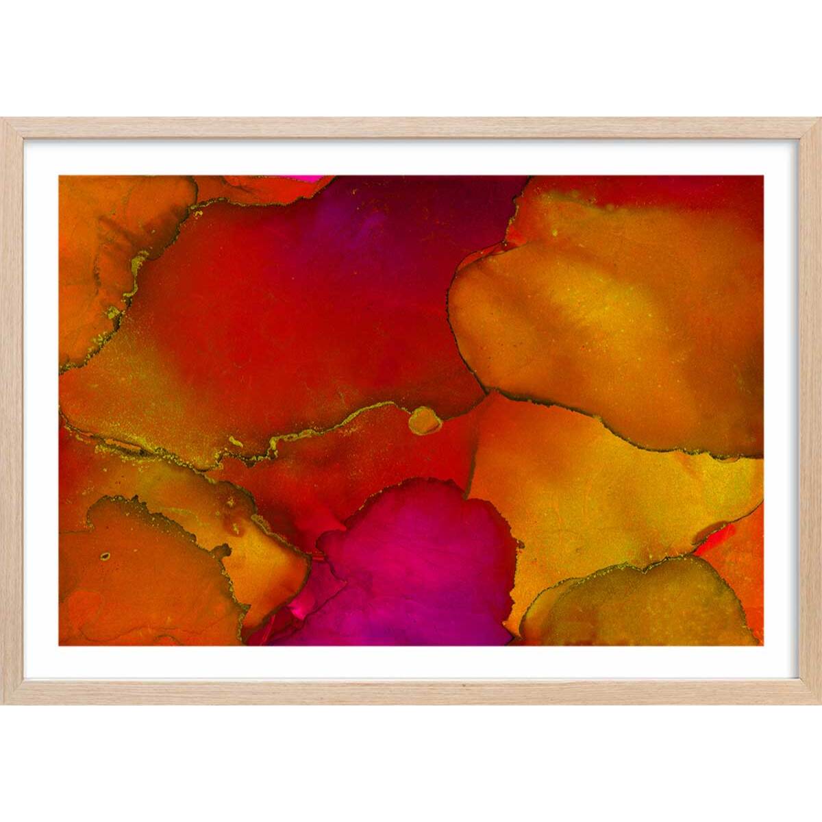 Poster fragments orangés Affiche + cadre en bois - Chêne