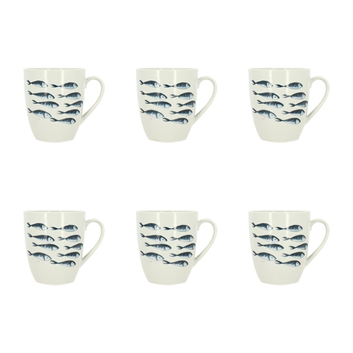 Lot de 6 mugs 36cl en porcelaine blanc et motif poisson PESCARE