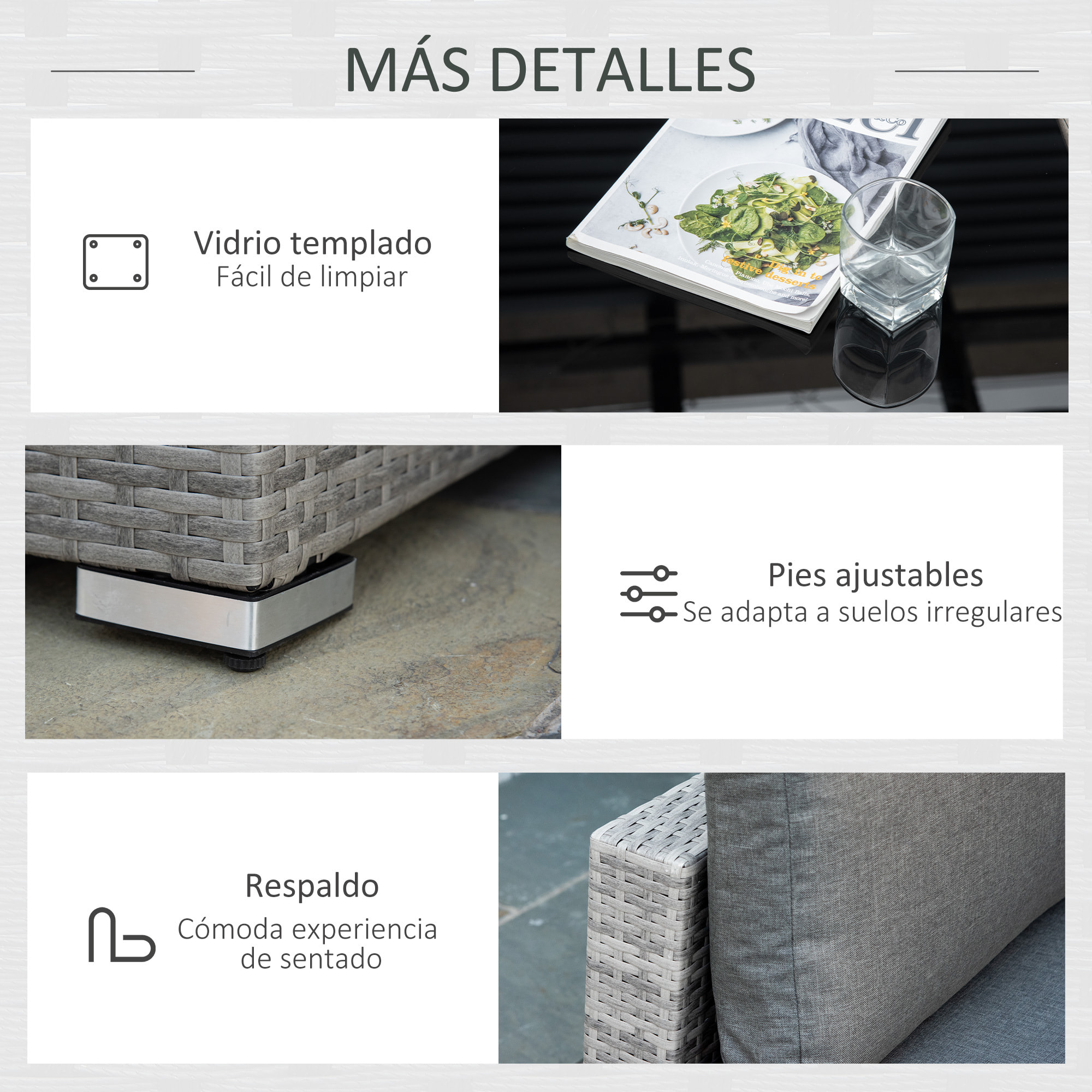 Conjunto de Muebles de Jardín de Ratán 4 Piezas Mesa de Centro de Vidrio Sofá Doble y 2 Sofás Esquineros con Cojines Desenfundables para Terraza Exterior Gris