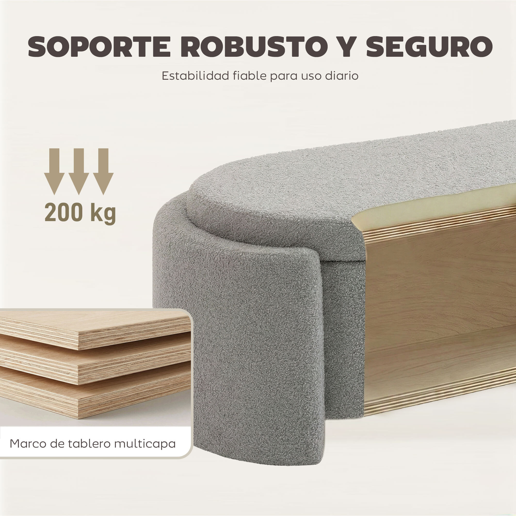 Puff Almacenaje, Banco Almacenaje Ovalado, 129x48,5x44 cm, Tapizado en Terciopelo de Teddy, Baúl de Almacenamiento, Carga 200 kg, Taburete para Sala de Estar, Dormitorio, Entrada, Gris Claro