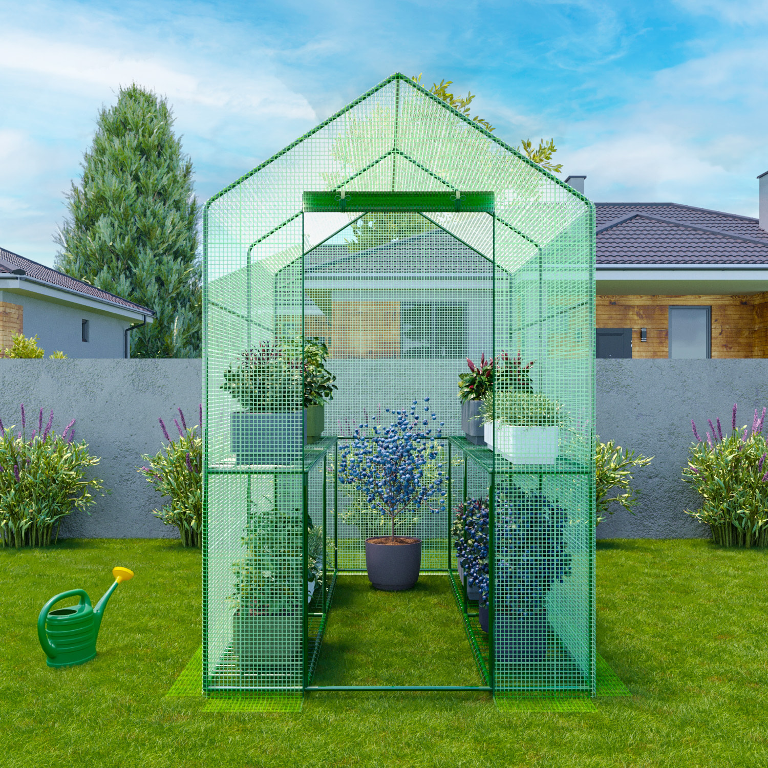 Serra Da Giardino Per Orto Con 4 Ripiani In Metallo Telaio In Acciaio Telo Retinato In Propilene Trasparente Porta Avvolgibile 186x120x190 Cm