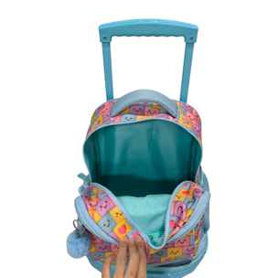 Trolley Fisso Compatto Doppio Corpo Grande Capacità Blin Blin Faces. Schienale e spallacci regolabili e imbottiti. Con accessorio pom pom.