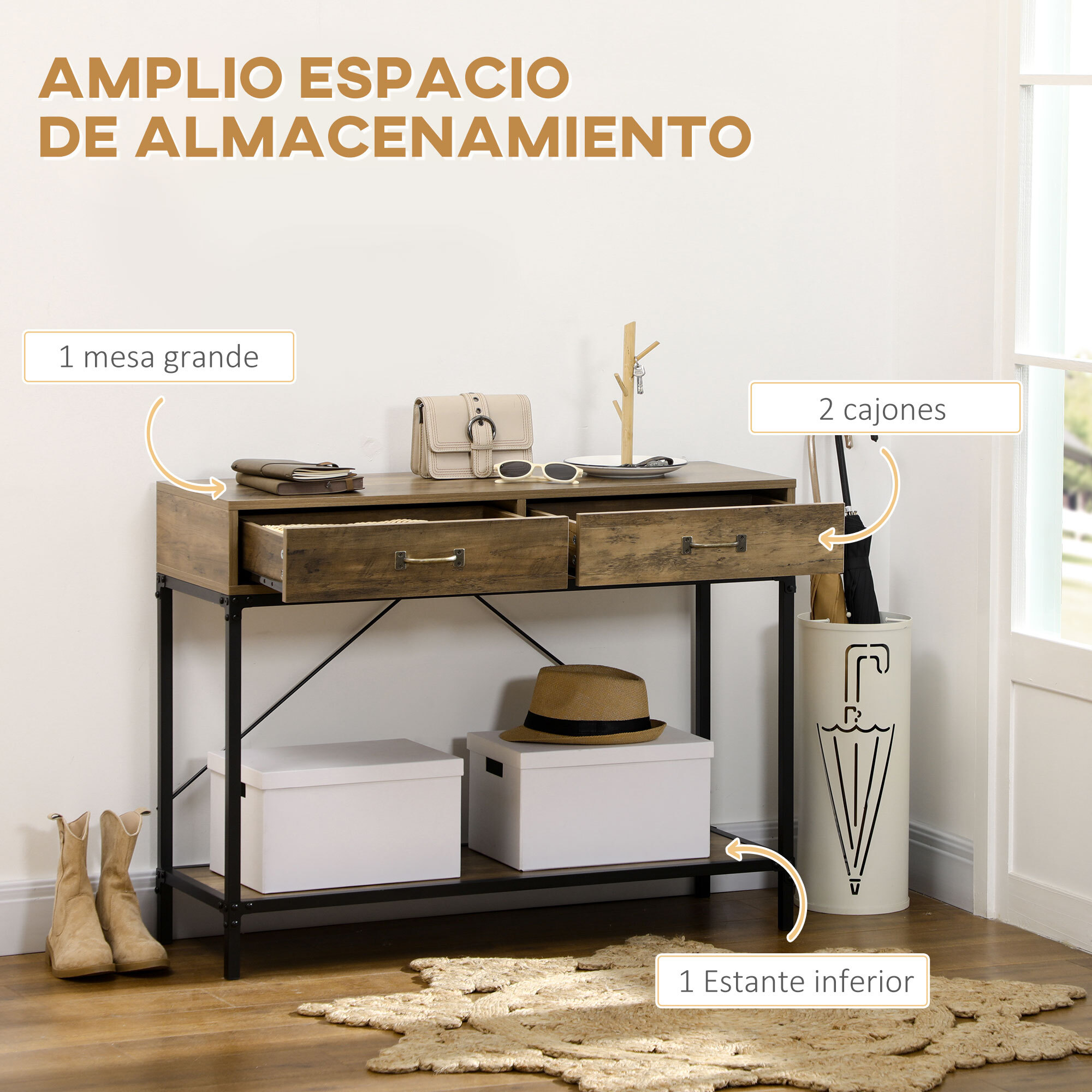 Mesa de Consola Industrial, Mesa de Sofá con 2 Cajones y Estante, Consola para Recibidor con Patas de Metal, para Salón, Pasillo, Entrada, Marrón y Negro