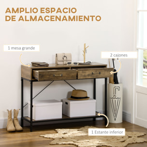 Mesa de Consola Industrial, Mesa de Sofá con 2 Cajones y Estante, Consola para Recibidor con Patas de Metal, para Salón, Pasillo, Entrada, Marrón y Negro
