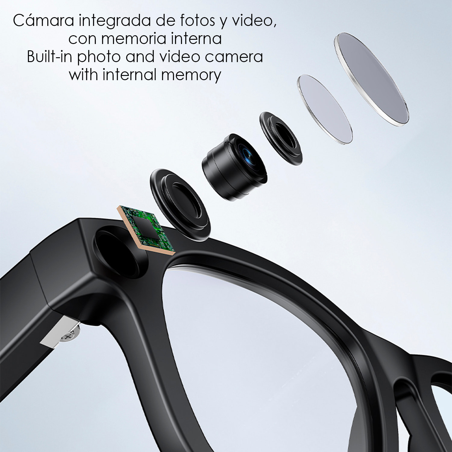 Occhiali intelligenti E3. Con fotocamera da 8MPX, video in 1080p, traduttore AI in tempo reale e controllo della musica/chiamate. Con lenti scure e trasparenti.