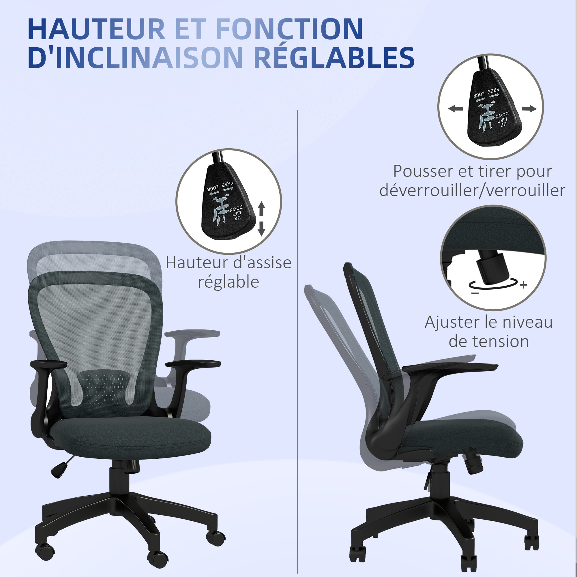 Chaise de bureau ergonomique - soutien lombaire, hauteur réglable, pivotante - noir anthracite