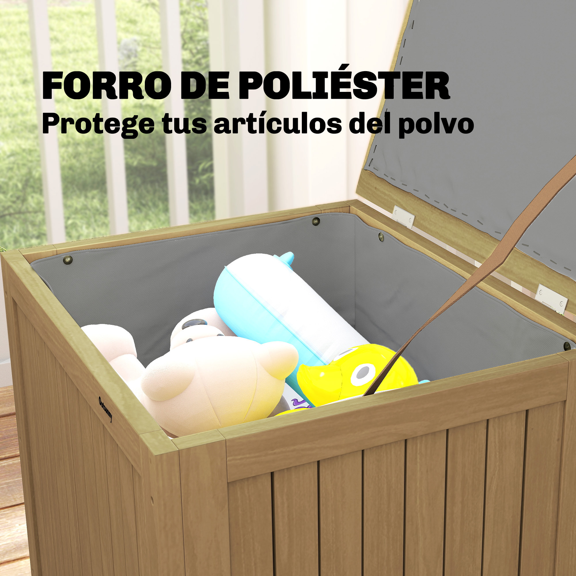 Arcón Exterior de Madera, 130L, Baúl Almacenaje Exterior con Forro, Tapa con Bisagras y Correa, Impermeable, Resistente a la Intemperie, para Jardín, Terraza, Patio, 63x51x58,5 cm, Marrón