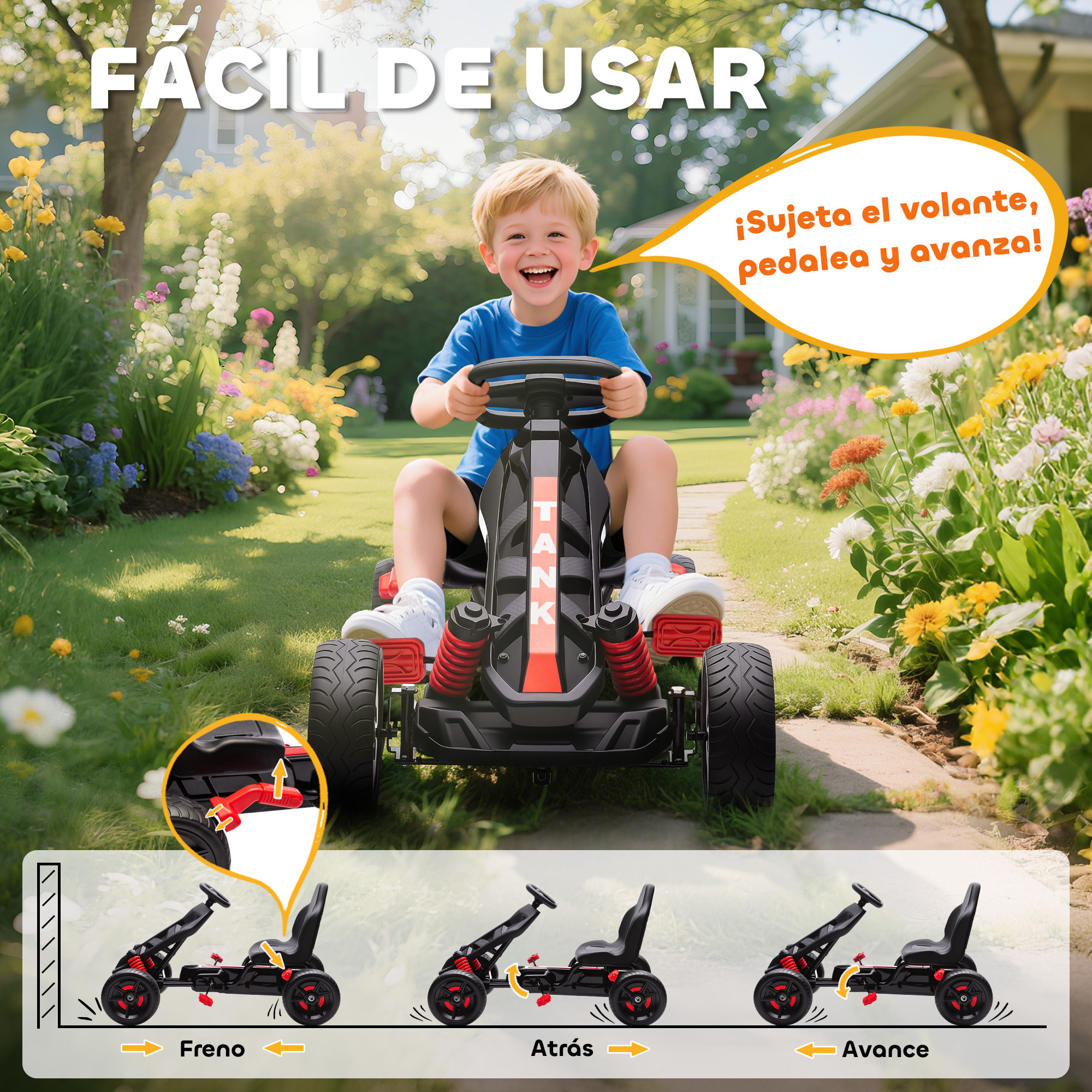 Kart Pedales para Niños de +3 Años Go Kart con Embrague Automático Freno Ruedas Antideslizantes de EVA y Marco Metálico Carga 50 kg Rojo