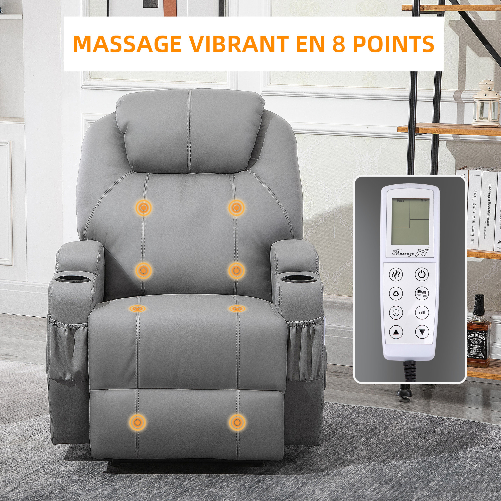 Fauteuil luxe de relaxation et massage inclinaison dossier repose-pied électrique revêtement synthétique gris
