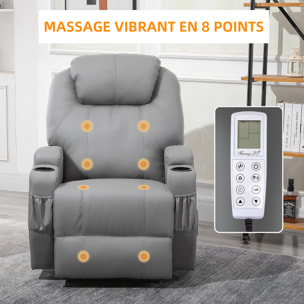 Fauteuil luxe de relaxation et massage inclinaison dossier repose-pied électrique revêtement synthétique gris