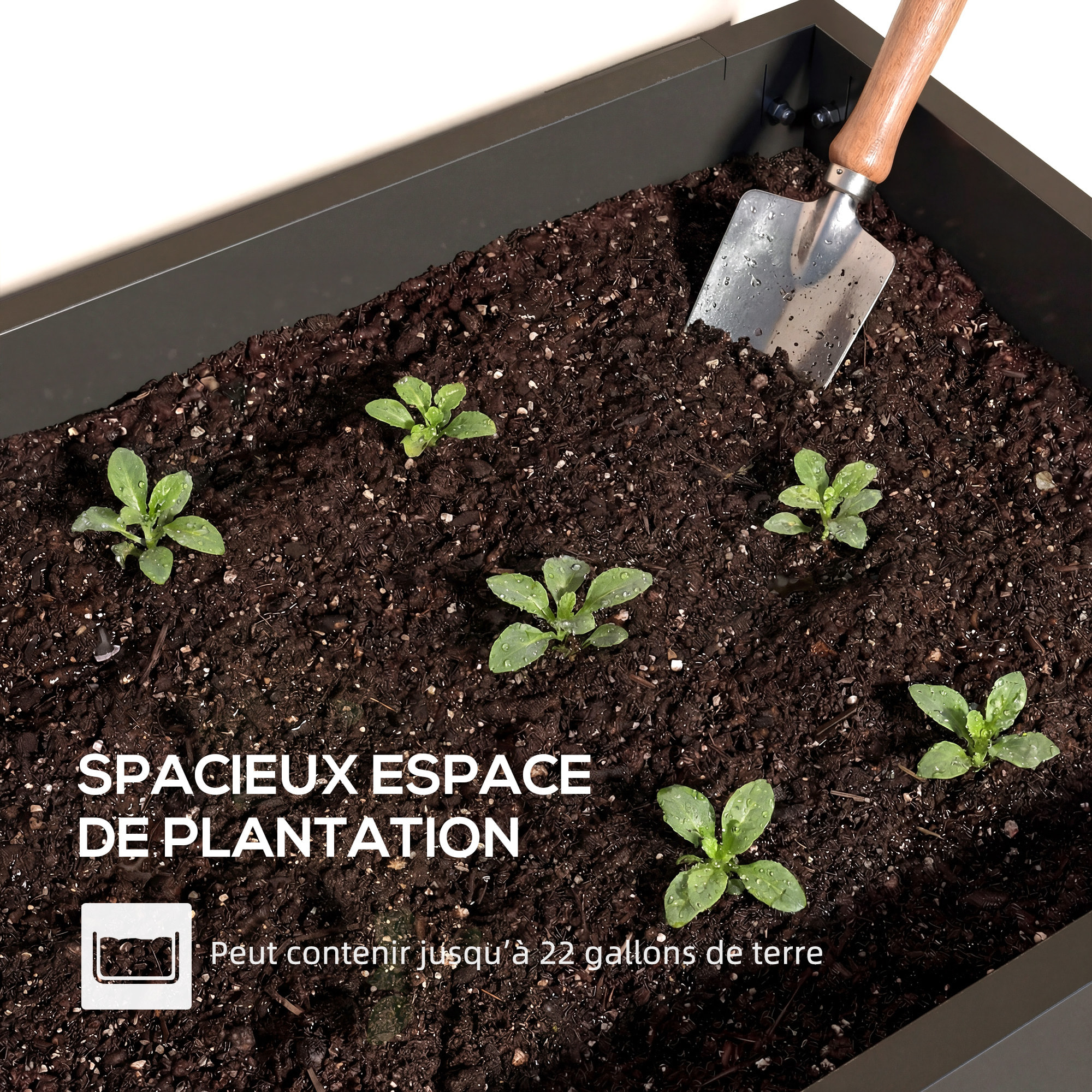 Jardinière sur pieds coins renforcés inserts d'irrigation métal noir