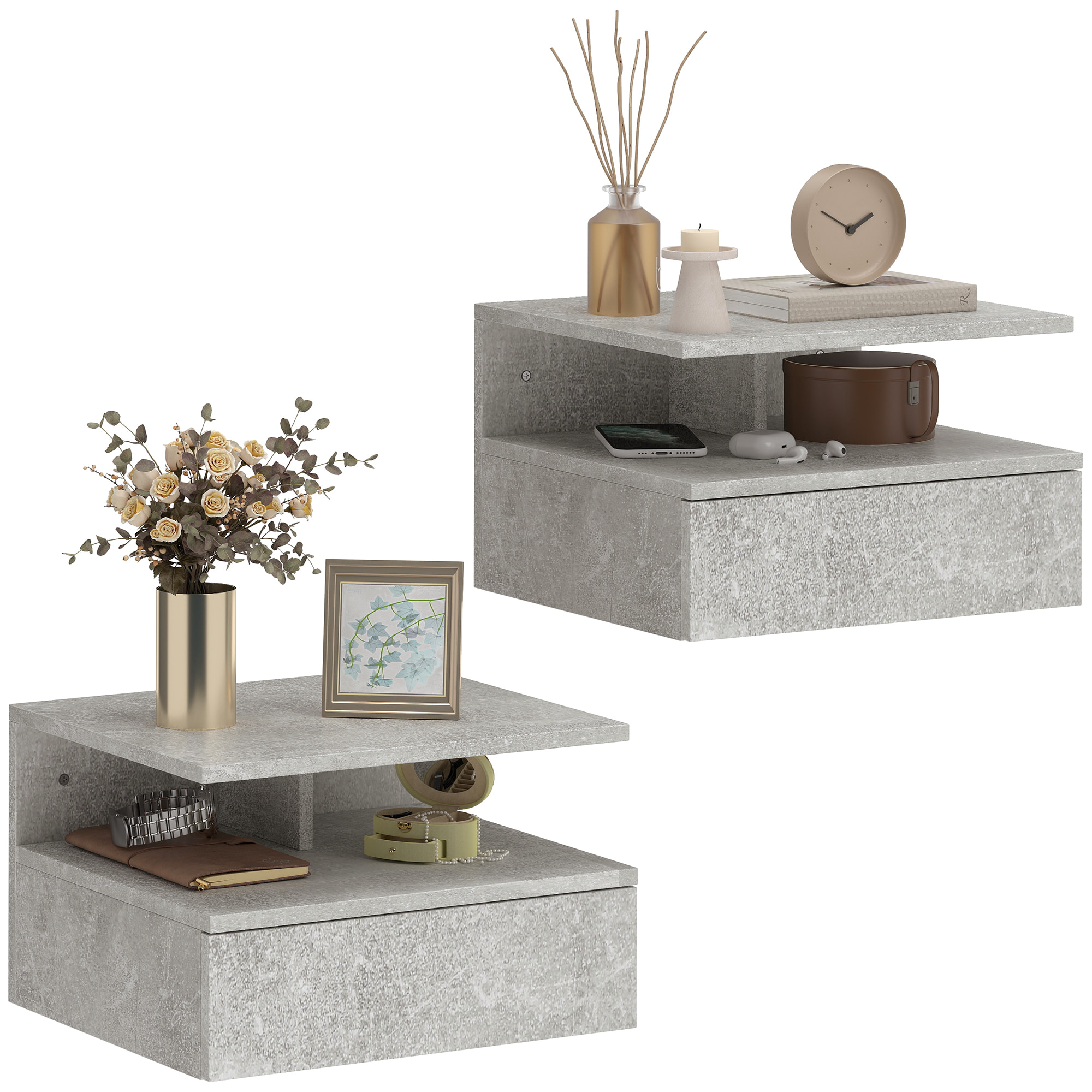 Juego de 2 Mesitas de Noche Flotantes, Mesillas de Noche Dormitorio con Cajón, Estante Abierto, Ahorra Espacio, Diseño Moderno, para Sala de Estar, 35x32x22,5 cm, Gris