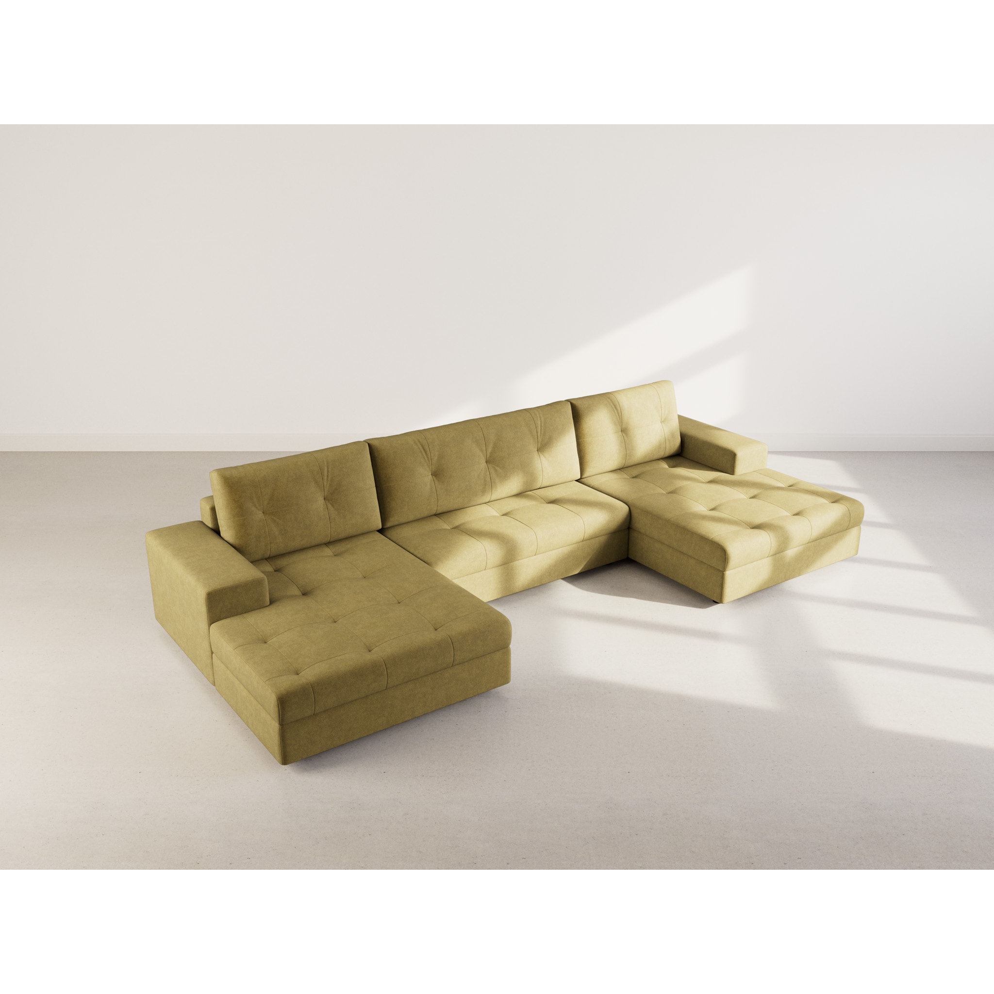 Bastian - canapé panoramique en U 7 places convertible avec coffre en velours texturé - Vert Olive